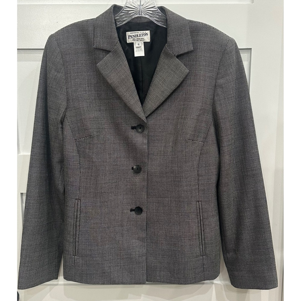 Pendleton Womens 10 Virgin Wool Blazer Black White Houndstooth 3 Button Jacket